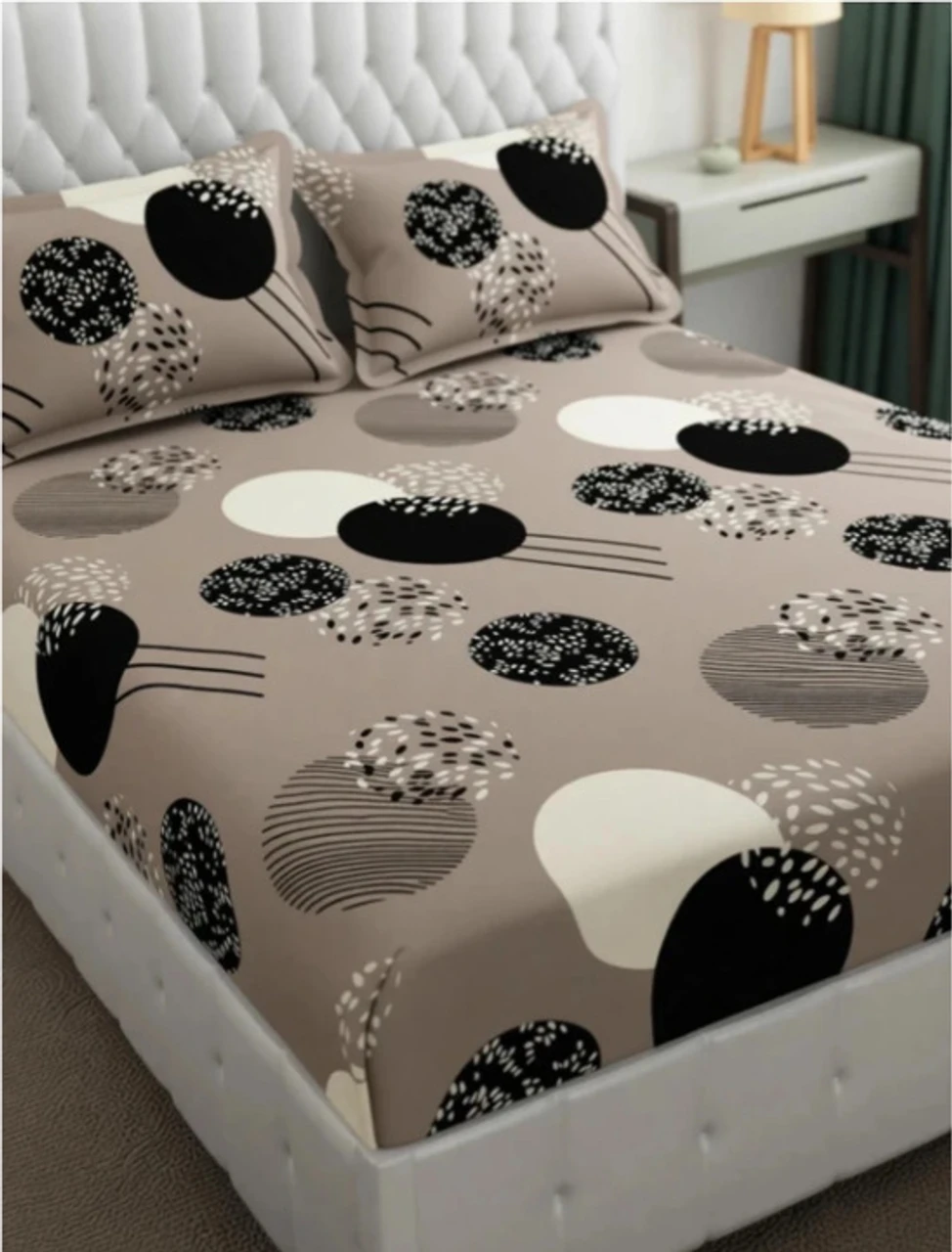 TrueBuy Cotton Double Fitted (Elastic) 320 TC Printed Double Bedsheet with All-Round Elastic, 2 Pillow Covers, Burgundy Abstract Circle Design